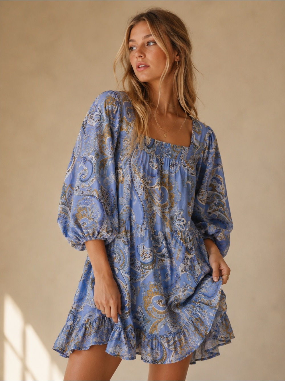 #25 Blue Paisley Square-Neck Babydoll Dress